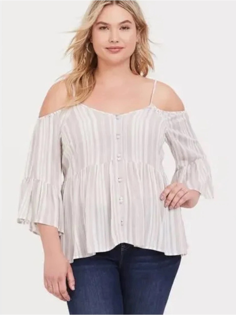 Torrid Ivory & Taupe Stripe Cold Shoulder Babydoll Blouse Size 0